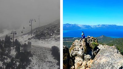 Split screen shows snowy view of a ski lift on the left and blue skies above Lake Tahoe on the right.