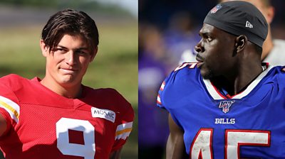 Louis Rees-Zammit and Christian Wade in American football action