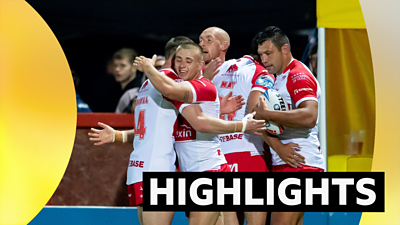 Hull KR players celebrate a try against Salford