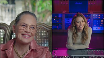 left image of Sharon Stone smiling. Right image of Paris Jackson leaning on a sound board and smiling