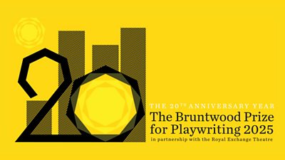 The text ' the 20th anniversary year, The Bruntwood Prize for Playwriting 2025 in partnership with the royal exchange theatre' on a yellow background with a graphic of the number 20