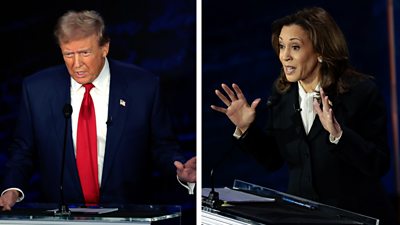 Split screen of Donald Trump and Kamala Harris on debate stage