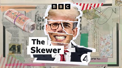 A collage of images of politicans put together to make one face with the text 'the skewer' across it and the logo for 鶹ҳ Radio 4