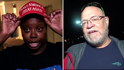 Women on the left is touching her hat. While the man on the right, is staring at the reporter.