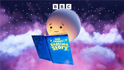 Artwork for CBeebies Bedtime Stories. A cartoon moon smiles as they read a large, blue book with ‘CBeebies Bedtime Story’ written on the cover. A dark purple and black background is dotted with soft, fluffy clouds and golden stars.