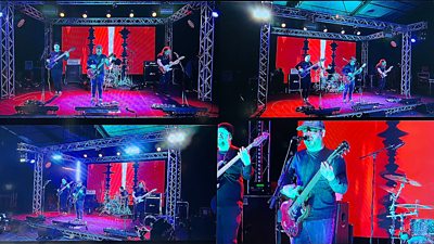 A view of a screen showing four separate cameras feeds of the band New Wounds performing in a quad view.