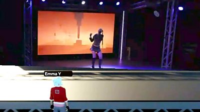 Screenshot of the virtual scene - the music artist is on stage and a single viewer is in the audience with their name - 'Emma Y' floating above their head.