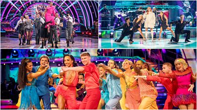 A collage of images featuring some fo the Strictly 2024 launch show performances. Clockwise from top left - Amy Dowden is carried aloft by her fellow pro dancers, Anne Marie and Clean Bandit perform in ballroom with the pro dancers, and the Class of 2024 take to the ballroom floor for their group dance.