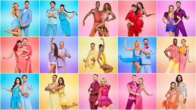 A collage of images of all the Strictly Come Dancing 2024 celebrities and their professional partners, posing poised to dance