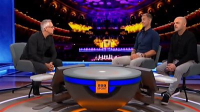 Gary Lineker, Joe Hart and Danny Murphy sit in the Match of the Day studio, with a backdrop of the Royal Albert Hall