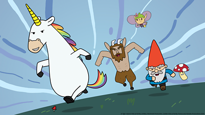 animation showing a unicorn, fawn, fairy, gnome and a mushroom running at speed looking determined