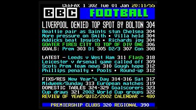 The line up of football matches, flashes and results on a typical Ceefax sports page.