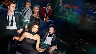 the cast of Industry wearing tuxedos or cocktail dresses holding champagne and martinis. Background shows blurred stock market charts and gold coins 