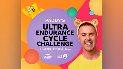 Drawing for Paddy's BBC UItra Endurance Cycle Challenge for Children in Need. There is a picture of Paddy McGuinness wearing yellow Pudsey bear ears. 