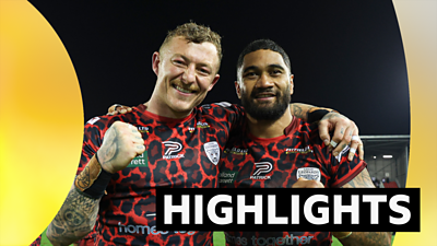 Leigh's Josh Charnley and Ricky Leutele celebrate reaching the play-offs