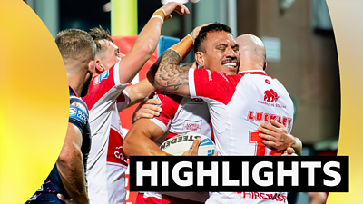 Hull KR players celebrate a try against Leeds