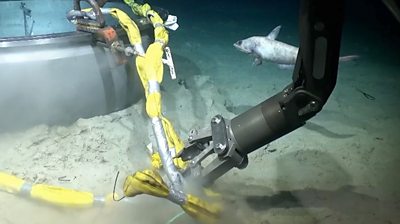 Remotely operated arm salvaging the Titan wreck on the seabed