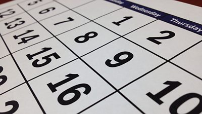 A close up of a grid calendar page with plain numbers and days of the week visible