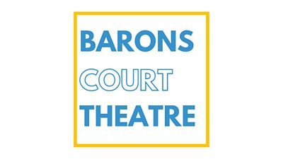 The text Barons Court Theatre framed in a yellow square on a white background