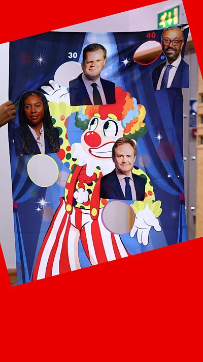 Bean bag throwing game with images of Kemi Badenoch, James Cleverly, Robert Jenrick and Tom Tugendhat