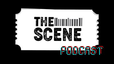 The text 'the scne podcast' set over a white block in the shape of a ticket stub on a black background