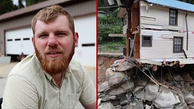 Split screen of a man and a home dangling from the roadside