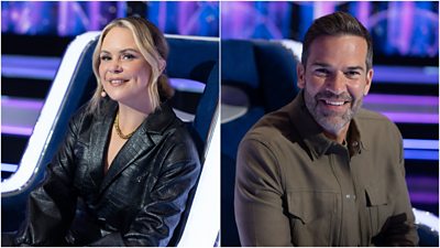 Left image of Joanne McNally in a big chair on the set for The Wheel smiling to camera. Right image of Gethin Jones in a big chair on the set for The Wheel smiling to camera