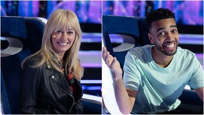 Left image of Clodagh Mckenn in a big chair on the set for The Wheel smiling to camera.  Right image of Niko Omilana  in a big chair on the set for The Wheel smiling to camera.  