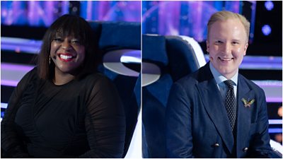 Left image of Judi Love in a big chair on the set for The Wheel smiling to camera.  Right image of William Hanson in a big chair on the set for The Wheel smiling to camera.