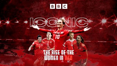 5 of the Women's Wales squad celebrating and shouting in a montage picture with Jess Fishlock in the centre looking triumphant. The stands of Cardiff City stadium are behind them. The picture has a red hue 