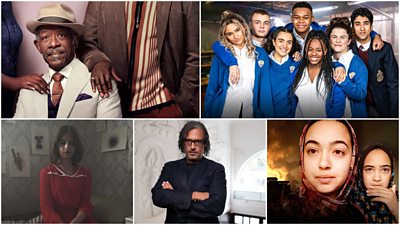 collage showing the key art for each series featured this week including Mr Loverman; Phoenix Rise; Haunting; David Olusoga; Life and Death in Gaza