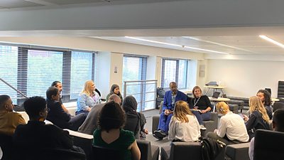 Sir Lenny Henry and Head of 鶹ҳ Writers Jess Loveland with the Write Across Birmingham and the Black Country writers, members of the 鶹ҳ Writers team and guests.