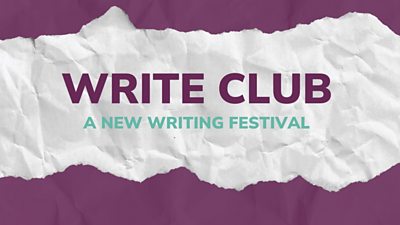 The text 'Write Club a new writing festival' on a white and purple crumpled paper background 