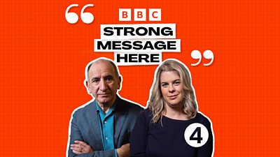 Artwork for Strong Message Here featuring the title of the show in quotation marks above photos of hosts Armando Iannucci and Helen Lewis. 