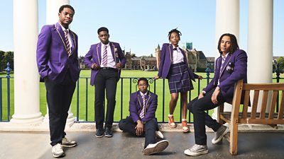 Key art for the second series of Boarders. Featuring five students in school uniform, including Jaheim (Josh Tedeku), Femi (Aruna Jalloh), Omar (Myles Kamwendo), Leah (Jodie Campbell) and Toby (Sekou Diaby).