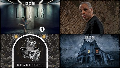 Collage with four images of the Key art for Lusus; Deacon, Deadhouse and The Turn of the Screw