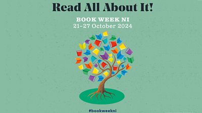 Image of a tree with books for leaves. Read All About it! in large font. 'Book Week NI 21-27 October 2024' in smaller text. 