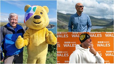 Composite image with three images from challenges to support children in need. Left, weatherman Derek Brockway smiles next to Children in Need mascot, Pudsey. At top right, BBC Radio Cymru's Aled Hughes stands in front of a mountain range. Bottom right, BBC Radio Wales' Jason Mohammad points to a swimming cap marked with the Children in Need logo. 