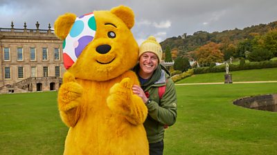 Pudsey and Matt Baker outside with a Chatsworth house in the background