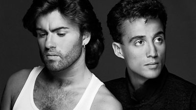 Black and white image of George Michael and Andrew Ridgeley, the pop duo, WHAM!