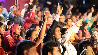 Audience members ask questions during an edition of ý Bangladesh Sanglap.