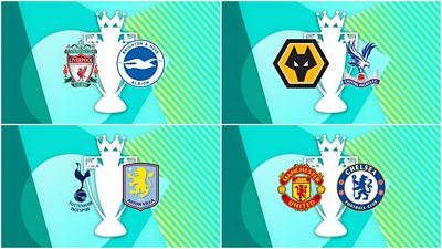 Four images in a collage. Each shows the FA Cup with the logos of each team. Liverpool & Brighton; Wolverhampton & Crystal Palace; Tottenham Hotspur & Aston Villa; Manchester United & Chelsea