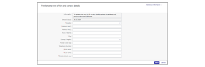 Screenshot of the Next of kin and contact details screen with multiple fields to complete