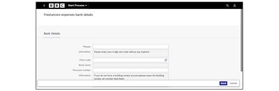 Screenshot of the Freelancers expenses bank details screen with payee, sort code and account number fields