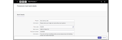 Screenshot of the Freelancers main bank details page with payee, sort code and account number fields