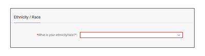 Screenshot of the Ethnicity/Race screen with single dropdown menu