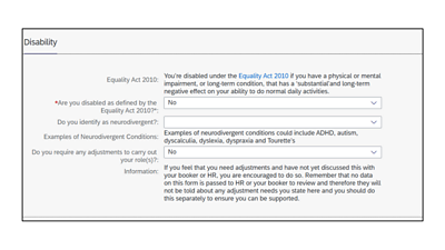 Screenshot of the Disability screen with several questions