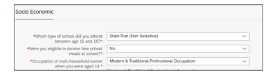 Screenshot of Socio Economic screen asking questions about background