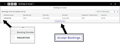 Screenshot of Bookings to accept screen with tick box and 'accept bookings' button highlighted