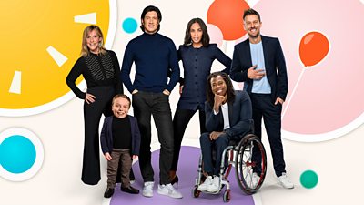 Key art for BBC Children in Need 2024 featuring images by Mel Giedroyc, Lenny Rush, Vernon Kay, Rochelle Humes, Ade Adepitan and Chris Ramsey.